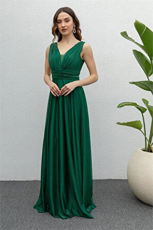 Dipmoda kadın zümrüt drapeli tül abiye elbise DP2030