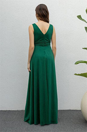 Dipmoda kadın zümrüt drapeli tül abiye elbise DP2030