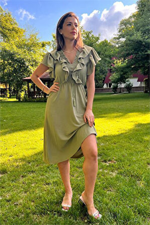 Dipmoda kadın yaka ve kolları fırfırlı bağlama detaylı ayrobin elbise DP10050