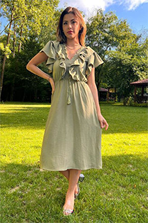 Dipmoda kadın yaka ve kolları fırfırlı bağlama detaylı ayrobin elbise DP10050