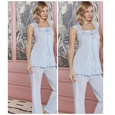 BONE CLUB 4708 MAVİ   YENİ SEZON OMUZ DANTEL LOHUSA PİJAMA TAKIM