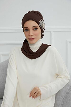 Yandan Taş Çiçek Aksesuarlı Şifon Hazır Türban,HT-104,HT-104