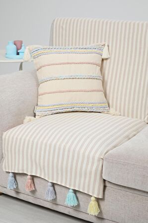 Sırt ve Oturma Kısmını Kapatan Renkli Püsküllü Çizgili Koltuk Örtüsü 180x75 cm,KO-30T
