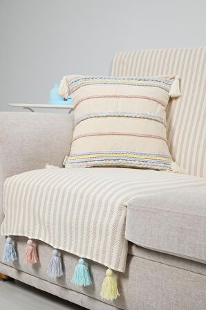 Sırt ve Oturma Kısmını Kapatan Renkli Püsküllü Çizgili Koltuk Örtüsü 180x75 cm,KO-30T