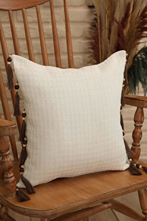 Kenarları Püskül ve Boncuklu Keten Dokulu Kırlent Kılıfı 45x45 cm,K-412