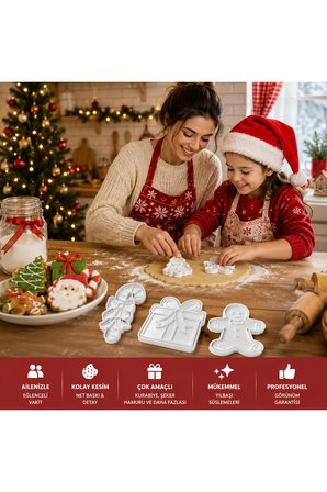 5'li Yılbaşı Konseptli Kurabiye Ve Şeker Hamuru Kalıbı Seti - Noel Baba, Çam Ağacı, Kurabiye Adam, Hediye Paketi, Baston Şeker