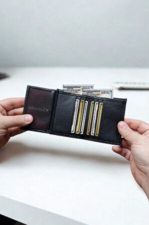 Hakiki Deri Cüzdan Küçük Boy 9 Adet Kart bölmeli Siyah