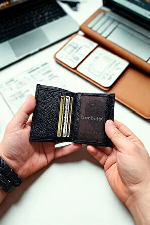 Hakiki Deri Cüzdan Küçük Boy 12 Adet Kart bölmeli Kelebek Model Siyah