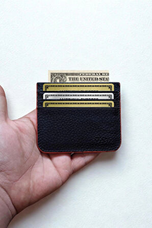 Hakiki Deri Kartlık Klasik Ultra Ince Unisex Siyah Kırmız Kenar Boyamalı Kartlık