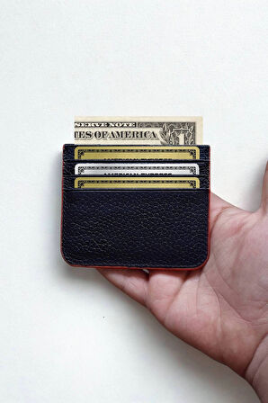 Hakiki Deri Kartlık Klasik Ultra Ince Unisex Siyah Kırmız Kenar Boyamalı Kartlık