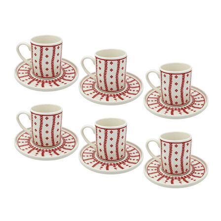 Kırmızı Motifli 6 Kişilik Porselen Kahve Fincan Takımı
