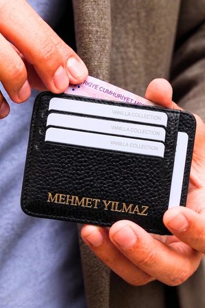 Kişiye Özel İsim Baskılı Hakiki Deri Slim Cüzdan Kartlık Portföy Siyah
