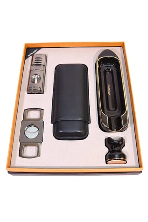 Parmida 3 Torch Pürmüz Çakmak Kılıf Küllük Kesici Sehpa Gunmetal Siyah Beşli Puro Seti TR10027