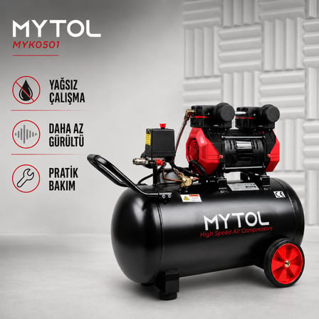 MYTOL MYK0501 50 Lt Yağsız Kompresör 1,5 HP 8 Bar Hortum ve Tabanca Hediyeli