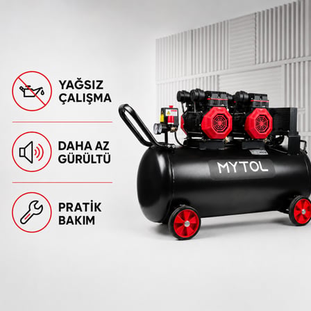 MYTOL MYK1001 100 Litre 4 HP Yağsız Yüksek Hızlı Hava Kompresörü 8 Bar