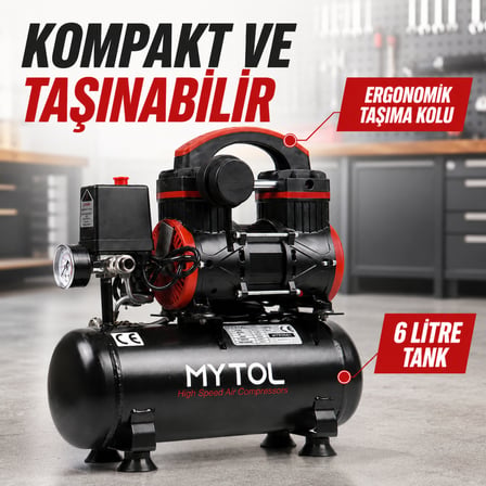 MYTOL MYK0061 6 Litre 1 HP Yağsız Taşınabilir Hava Kompresörü 8 Bar