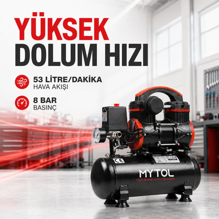 MYTOL MYK0061 6 Litre 1 HP Yağsız Taşınabilir Hava Kompresörü 8 Bar
