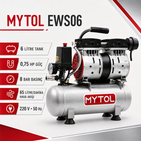 MYTOL EWS06 6 Litre 0,75 HP Yağsız Sessiz Hava Kompresörü 8 Bar