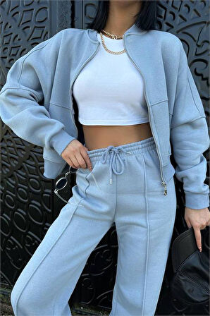 Dipmoda kadın gri fermuarlı kışlık eşofman takımı DPG026