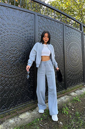 Dipmoda kadın gri fermuarlı kışlık eşofman takımı DPG026