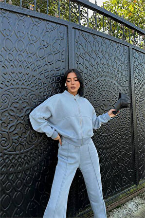 Dipmoda kadın gri fermuarlı kışlık eşofman takımı DPG026