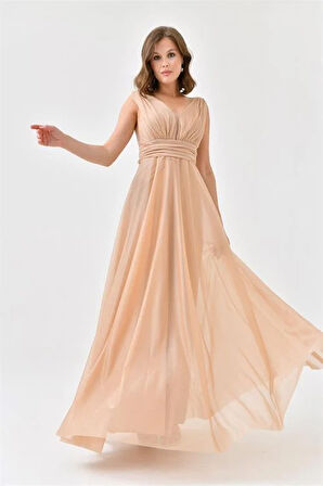 Dipmoda kadın gold v yaka simli tül abiye elbise DPS9223