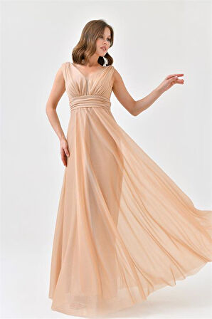 Dipmoda kadın gold v yaka simli tül abiye elbise DPS9223