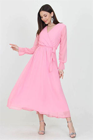 Dipmoda kadın kuşaklı pudra uzun şifon elbise KTS003