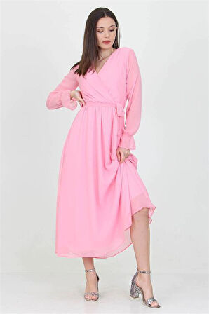 Dipmoda kadın kuşaklı pudra uzun şifon elbise KTS003