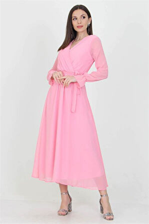 Dipmoda kadın kuşaklı pudra uzun şifon elbise KTS003