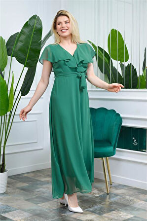 Dipmoda Kadın Zümrüt Yeşili Kruvaze Yaka Bağlama Detaylı Astarlı Şifon Elbise KTS001