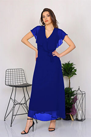 Dipmoda Kadın Kruvaze Yaka Bağlama Detaylı Yeni Sezon Uzun Şifon Elbise KTS001