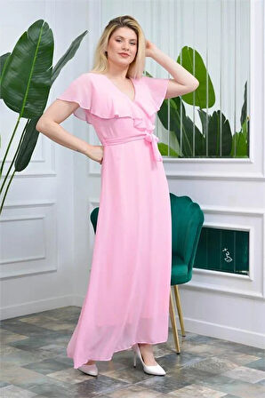 Dipmoda Kadın Pudra Kruvaze Yaka Bağlama Detaylı Uzun Şifon Elbise KTS001