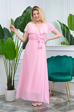 Dipmoda Kadın Pudra Kruvaze Yaka Bağlama Detaylı Uzun Şifon Elbise KTS001