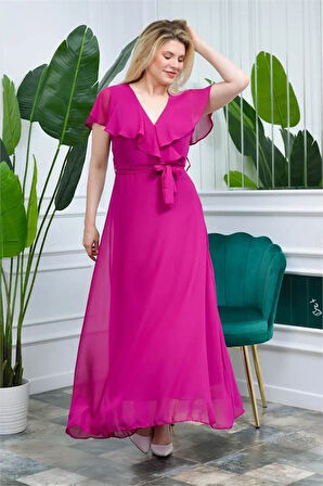 Dipmoda Kadın Pudra Kruvaze Yaka Bağlama Detaylı Uzun Şifon Elbise KTS001