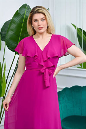 Dipmoda Kadın Pudra Kruvaze Yaka Bağlama Detaylı Uzun Şifon Elbise KTS001