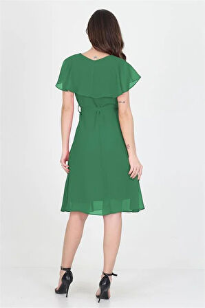 Dipmoda kadın melek kol kruvaze yaka zümrüt yeşil şifon elbise DP8081