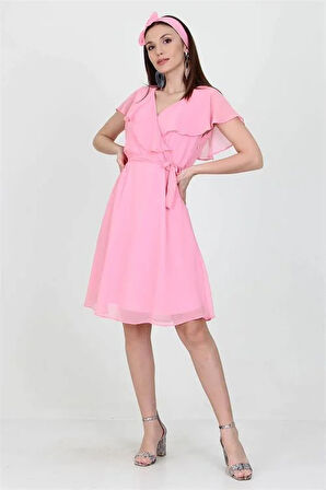 Dipmoda Kadın Kruvaze Yaka Bağlama Detaylı Yeni Sezon Şifon Elbise DP8081