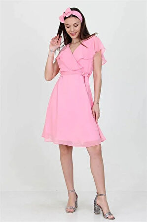 Dipmoda Kadın Kruvaze Yaka Bağlama Detaylı Yeni Sezon Şifon Elbise DP8081