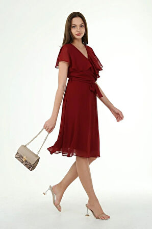 Dipmoda Kadın Kruvaze Yaka Bağlama Detaylı Yeni Sezon Şifon Elbise DP8081