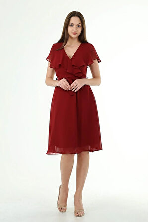 Dipmoda Kadın Kruvaze Yaka Bağlama Detaylı Yeni Sezon Şifon Elbise DP8081