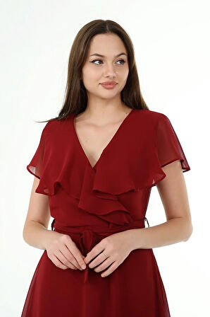 Dipmoda Kadın Kruvaze Yaka Bağlama Detaylı Yeni Sezon Şifon Elbise DP8081