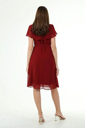 Dipmoda Kadın Kruvaze Yaka Bağlama Detaylı Yeni Sezon Şifon Elbise DP8081