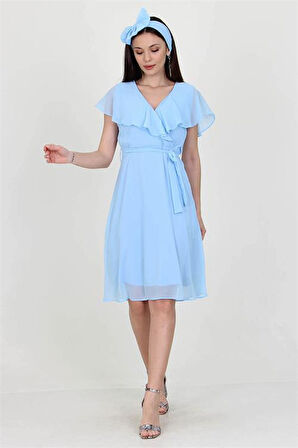 Dipmoda Kadın Bebe mavisi Kruvaze Yaka Bağlama Detaylı Yeni Sezon Şifon Elbise DP8081