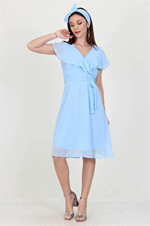 Dipmoda Kadın Bebe mavisi Kruvaze Yaka Bağlama Detaylı Yeni Sezon Şifon Elbise DP8081