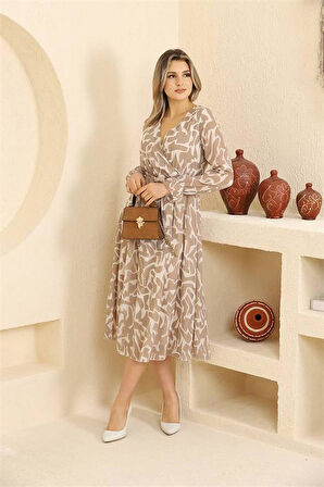 Dipmoda kadın bej desenli şifon elbise RSSN32