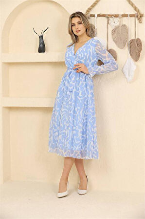 Dipmoda kadın mavi desenli şifon elbise RSSN32