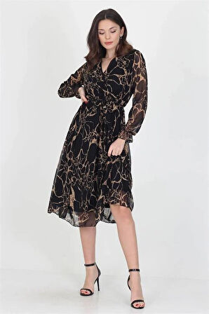 Dipmoda kadın astarlı yeni sezon kruvaze yaka midi boy şifon elbise RSSN06