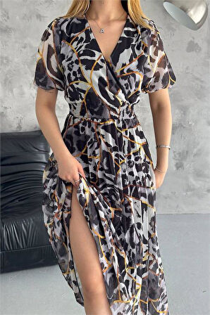 Dipmoda kadın siyah kruvaze yaka desenli şifon elbise DPQ001