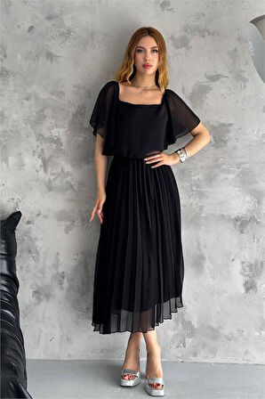 Dipmoda kadın madonna yaka piliseli şifon elbise DPK2099